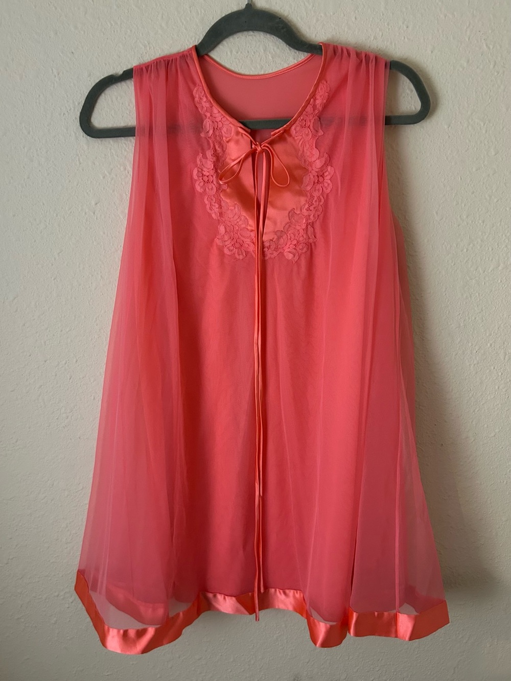 Vintage Sheer Lace-Trim Nightgown - Coral Pink